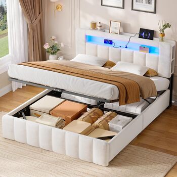 М&39яке ліжко 140x200 з місцем для зберігання, гідравлічне ліжко зі світлодіодним освітленням та зарядною станцією, дитяче ліжко, двоспальне ліжко, каркас ліжка з оксамитовим узголів&39ям - матрац не входить до комплекту (бежевий оксамит, 140x200 см) Беже