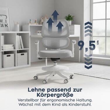 Ергономічний дитячий стілець - для дітей та підлітків зростом до 175 см - Регульована висота - З підставкою для ніг - Регульована спинка - Коліщатка з механізмом блокування - Сірий Junior 5.3 Grey, 5.3 -