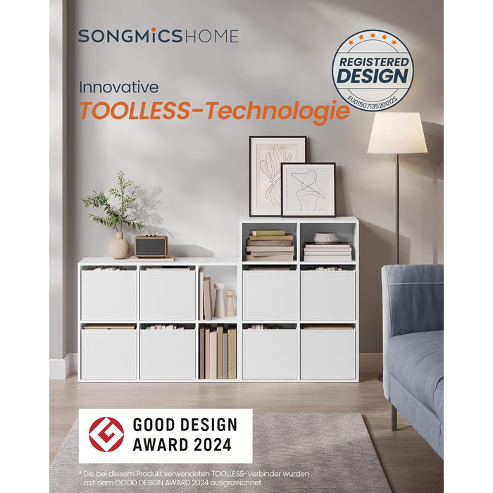 Книжкова полиця SONGMICS HOME, надшвидке складання без інструментів, технологія без інструментів, 6-рівнева полиця, окремостояча полиця, 4 шухляди з тканини, система полиць, 27 x 83 x 61,6 см, білосніжний LBC196W01, 6 рівнів (61,6 висоти см)