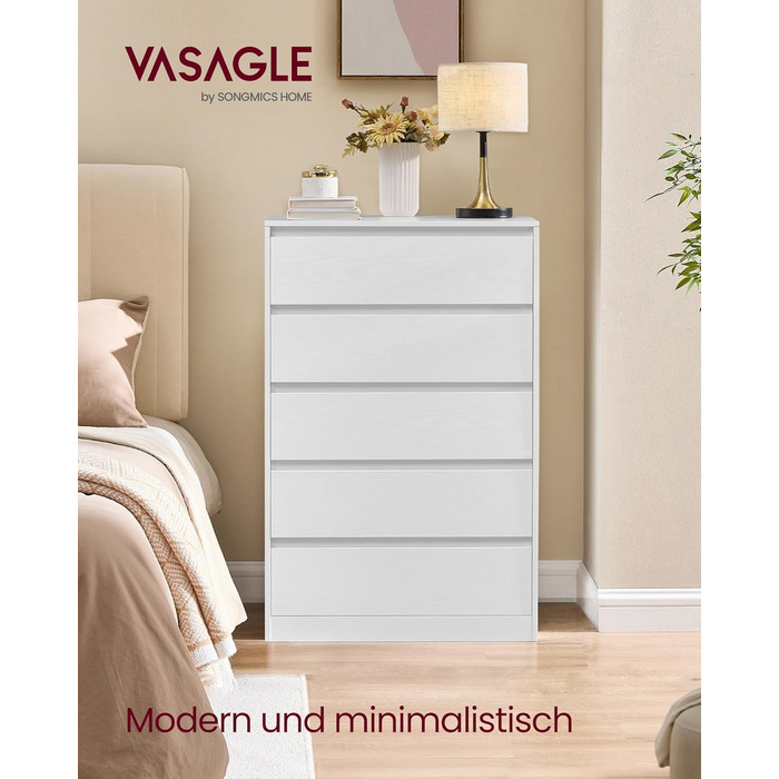 Комод VASAGLE з 5 шухлядами, комод, шафа з шухлядами, комод для білизни, для спальні, 40 x 60 x 97,4 см, колекція Modern Kailyn, білий LTS605WE01, 5 шухляд (60Ш см)
