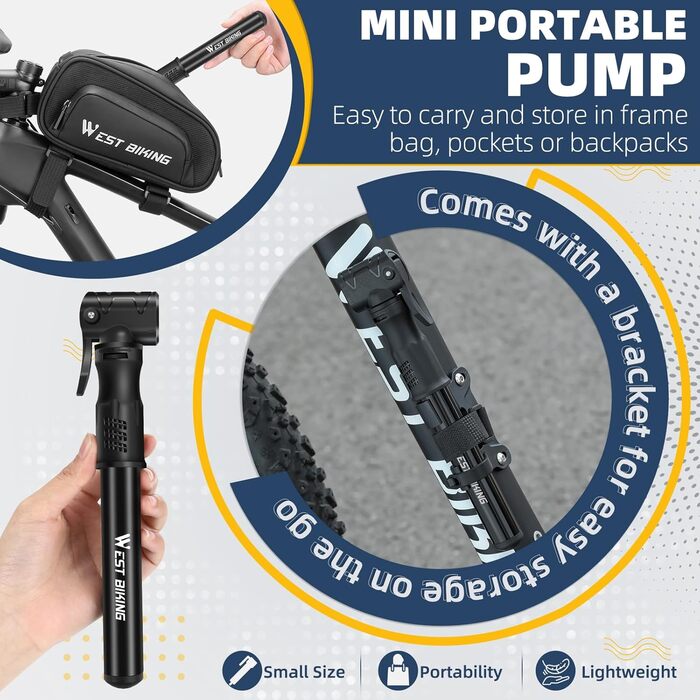 Міні-велосипедний насос West Biking - алюмінієвий повітряний насос для всіх вентилів, портативний маленький велосипедний насос, швидке накачування шин, легкий міні-велосипедний насос для гірського велосипеда, шосейного велосипеда, насос для кульок 1