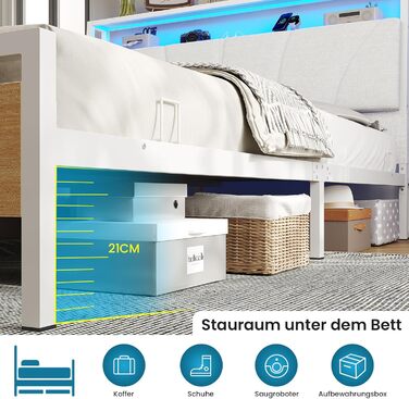 Ліжко 180x200 з металевою рейковою основою, двоспальне ліжко 180x200 см зі світлодіодним підсвічуванням, каркас ліжка 180x200 см з узголів&39ям та зарядною станцією (2 розетки змінного струму, 2 USB-порти) Сучасне, Білий Білий 180x200см