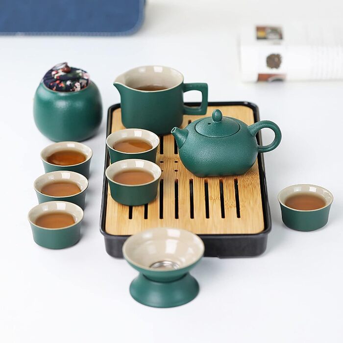Набір для чаювання Смарагдова подорож, китайський чайний сервіз, портативний набір для чаю Кунг-Фу, 7 предметів у кейсі