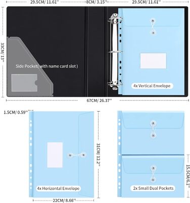 Кільцева папка Uquelic, органайзер для файлів із сумкою для документів A4 Пакет з фольги A4, розширювані перфораційні кишені Папки для впорядкування документів, фотографій, листів, синій