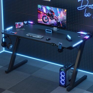 Ігровий стіл Devoko 120 x 60 см, ігровий стіл зі світлодіодним підсвічуванням, поверхня з вуглецевого волокна, ергономічний ігровий стіл з тримачем для напоїв, гачок для навушників, міцний комп&39ютерний стіл