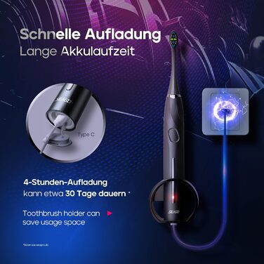 Електрична зубна щітка, Seago Electric Toothbrush with Pressure Sensor, 40000 VPM 8 Soft Brush Heads 5 Modes, Sonic Toothbrush with Toothbrush Holder, Travel Case, for Adults, SG-2752 (чорний)