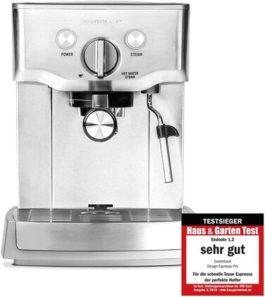 Еспресо-машина з портафільтром, насадка для піноутворення молока, 15 бар, 1,5 л, система підігріву термоблока, нержавіюча сталь 18/8, сірий одинарний, 42709 Design Espresso Pro