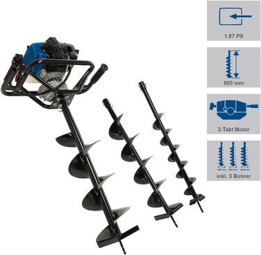 Бензиновий Бур для Землі Бур для Ям, Бур для Стовпів, Садовий Бур Довжина Бура 800 мм Зручний з Двома Ручками Потужність 1450 Вт Максимальний Діаметр Буріння 200 мм В Комплекті Бури 100, 150, 200 мм, 2000