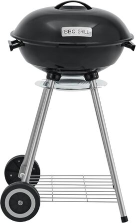 Гриль-барбекю Apricena на вугіллі, круглий, з візком, решітка з емальованої нержавіючої сталі, садовий гриль, 2 колеса, знімний кришка, 80 x 49 x 47 см, чорний