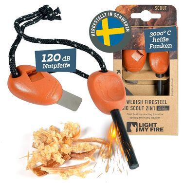 Кресало для виживання LIGHT MY FIRE Outdoor Scout 2-в-1 з аварійним свистком, кресало та кремінь для розпалювання вогню, вічне сірництво з ручкою з біопластику (3000 запалювань), колір іржаво-помаранчевий. Розмір без розміру.