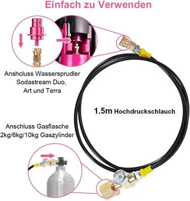 Шланг високого тиску ASOFTY Co2 1,5 м з манометром 3000 фунтів на квадратний дюйм, сумісний з Sodastream Duo, Crystal 3.0, Gaia, Art і Terra, підтримка більшого газового балона CO2 з бар'єром зворотного потоку Універсальний тип - з манометром