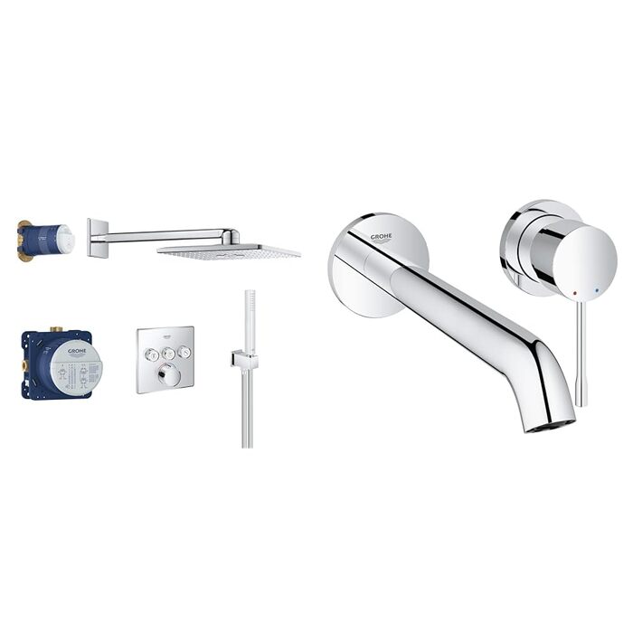 Душова система GROHE SmartControl 310 та змішувач для умивальника Essence New на 2 отвори (аератор 5,7 л/хв, настінний монтаж, металевий важіль керування), розмір L, хром, 19967001