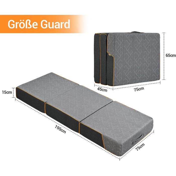 Зонний розкладний матрац 195x75x15 см, складний матрац для гостей та кемпінгу, піна з ефектом пам&39яті середньої жорсткості для оптимального комфорту сну, портативний з ручкою, сертифікований Oeko-Tex (сірий) 75x195x15 см, 7-