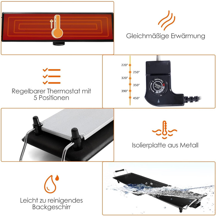 Електрична плита гриль 1800 Вт, електрогриль з антипригарним покриттям, 90 х 23 см, настільний гриль 5 рівнів з регулюванням температури, в т.ч. 6 невеликих дерев'яних скребків і 2 антипригарних кільця, барбекю та вечірки, 4LIFE