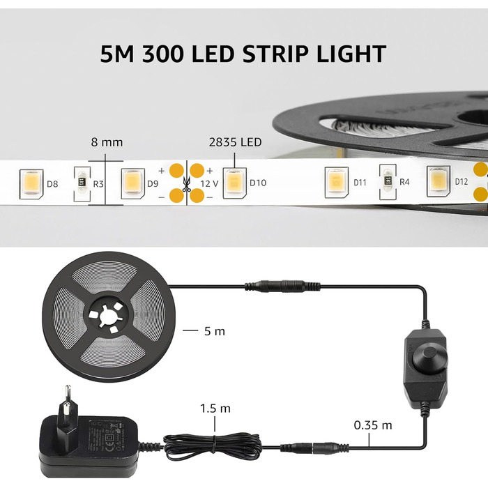 Світлодіодна стрічка Lepro 5M, тепла біла 3000K з можливістю затемнення, світлодіодна стрічка тепла біла 300 світлодіодів, самоклейка 12 В, світлодіодна стрічка IP20, гнучка світлодіодна стрічка своїми руками, світлодіодна стрічка з блоком живлення для пр