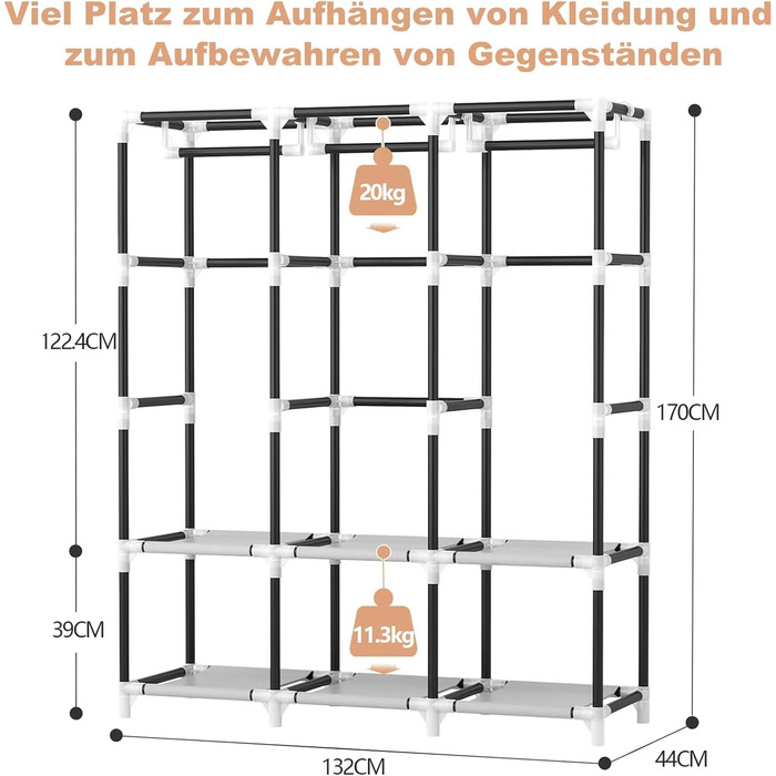 Шафа, тканинна шафа, тканинні шафи з кришкою, складна шафа з 3 рейками для одягу, міцна, складна шафа з металевою трубою діаметром 19 мм для спальні, сіра