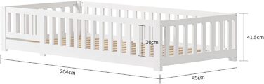 Підлогове ліжко 90x200 см дитяче ліжко із захистом від падіння та рейковою основою, дитяче ліжко Монтессорі, масив сосни, білий (Білий, 90 x 200 см) Білий 90 x 200 см
