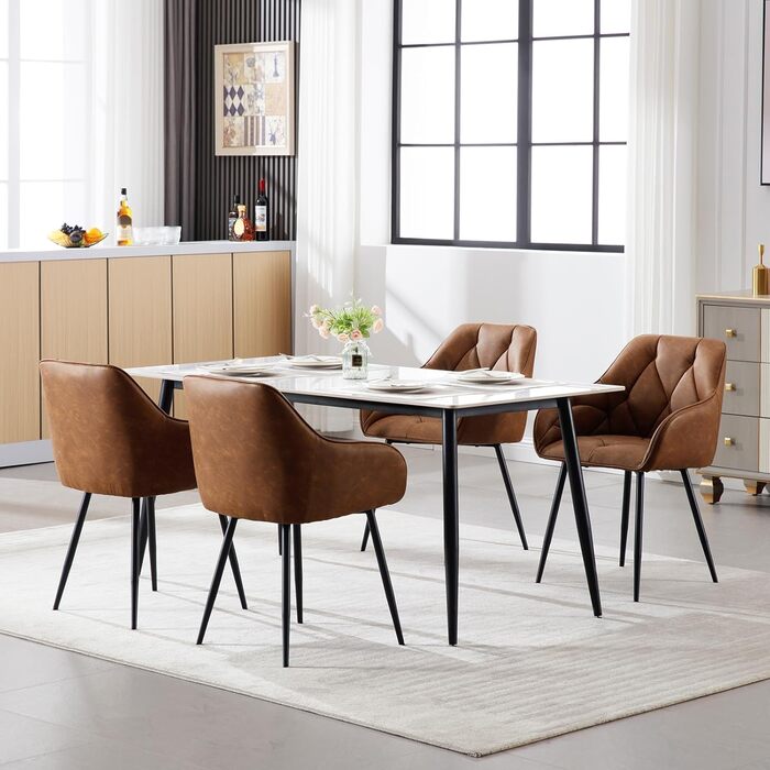 Обідні стільці WOLTU, комплект з , для їдальні та вітальні, ергономічні кухонні стільці, оббиті підлокітниками, металеві ніжки, сидіння зі штучної шкіри у вінтажному стилі, коричневий колір, комплект з