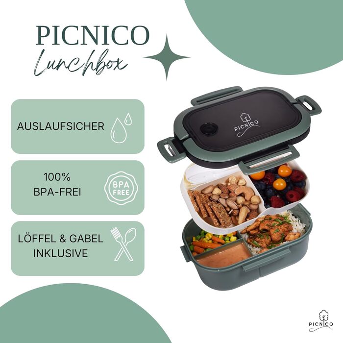 Преміум ланчбокс для дітей 1200 мл, двоповерховий, з 6 відділеннями, зелений (без BPA) контейнер для сніданків та перекусів з ложкою та виделкою ідеально підходить для дитячого садка та школи, можна мити в посудомийній машині, герметичний