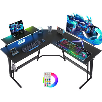 Кутовий стіл ігровий стіл 130 см зі світлодіодом, ігровий стіл Г-подібної форми з підставкою для монітора, ігровий стіл з гачком д