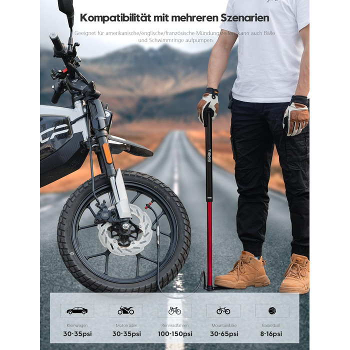Велосипедний насос Tiakia з манометром, маленький велосипедний насос для всіх типів вентилів, алюмінієвий міні-насос, портативний насос для шин Schrader та Presta, шосейні та гірські велосипеди, 260 PSI/18 бар