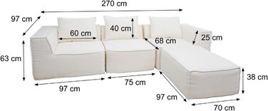 Диван-готель з оттоманкою, модульне розкладання праворуч/ліворуч, тканина/текстиль 63x270x190 см - кремовий, 54