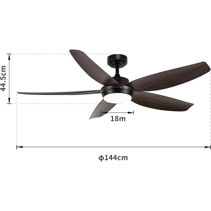 Стельовий вентилятор XUANYU 144 см/57 з підсвічуванням і дистанційним керуванням, стельовий вентилятор із підсвічуванням, регулюванням затемнення, світлодіодний стельовий вентилятор для спальні, вітальні (5 ламелей з темного дерева)