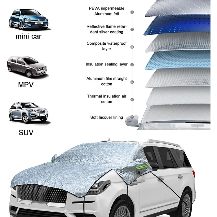 Автомобільна передня кришка Hivexagon Sunshade, Сонцезахисний чохол UV, Великий сніговий покрив для лобового скла автомобіля, Автомобільний морозозахисний чохол підходить для більшості автомобілів з додатковим скребком для льоду 230 см x 240 см