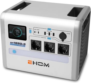 Портативна електростанція EHOM EP1650, сонячний генератор 1024 Втгод LiFePO4 з 3 виходами змінного струму * 1650 Вт (пікова потужність 2700 Вт), 2 портами USB-C * 100 Вт, сонячна зарядка 400 Вт, ультратиха, аварійне живлення для дому, подорожей, кемпінгу 