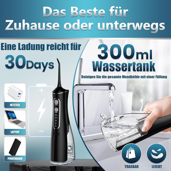 Бездротовий Електричний Іригатор для Порожнини Рота, Переможець Тестів 2026, 4 Режими Налаштування Тиску та 5 Насадок з Обертанням на 360 для Щоденного Глибокого Очищення, 300 мл, Водонепроникний IPX7 для Подорожей та Дому, Чорний