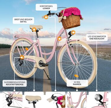 Велосипед Milord Comfort з плетеним кошиком, голландський велосипед, жіночий велосипед, міський велосипед, вінтажний, 28 дюймів, рожево-кремовий, 7 швидкостей