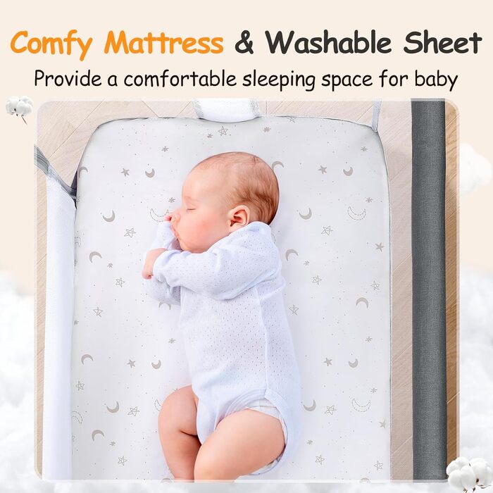 Дитяча колиска-ліжечко для новонароджених, портативне дитяче ліжечко з колесами, кошик для зберігання, матрац, регульована висота у 7 напрямках, додаткове ліжко (темно-сірий)