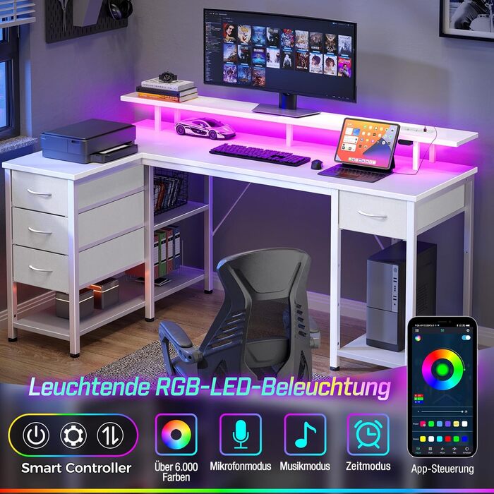 Семістний L-подібний комп&39ютерний стіл з 4 шухлядами та полицями, ігровий стіл зі світлодіодним освітленням та розетками, ігровий стіл з підставкою для монітора для домашнього офісу, спальні, вітальні (білий, 140 см) Білий 140 см