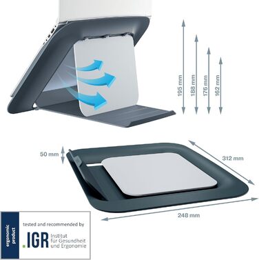 Регульована підставка для ноутбука, компактна підставка для збільшення висоти з 4 рівнями для ноутбуків 13-15, виготовлена з 80 переробленого пластику та 100 придатного до переробки, сертифікована IGR, серія Ergo Cosy, темно-сірий колір, 64260089 Стандарт
