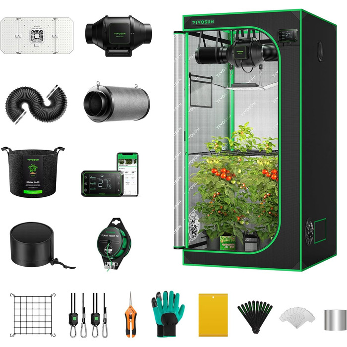 Розумна система наметів для вирощування VIVOSUN GIY 90 x 90 см, комплект наметів для вирощування з інтегрованим Wi-Fi, автоматичною вентиляцією та циркуляцією, світлодіодним освітленням повного спектру 200 Вт і контролером GrowHub E42A