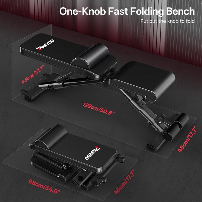 Регульована лава для штанги PASYOU з багатофункціональною тренувальною лавкою на 90 градусів, похила лава, швидко складана лава для жиму лежачи для домашнього використання, вантажопідйомність 400 кг, стійка для штанги