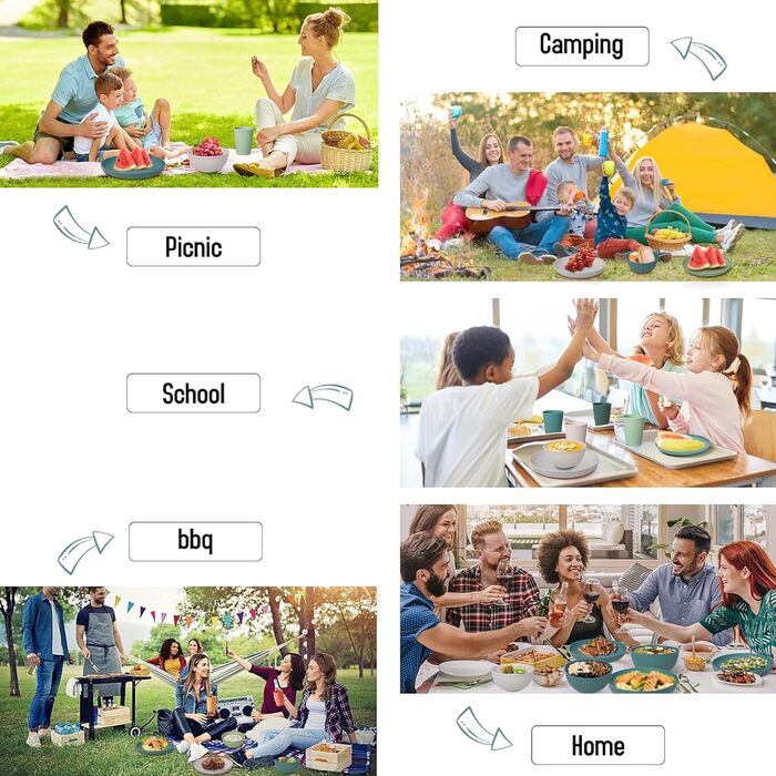 Набір столових приборів для кемпінгу з 45 предметів на 4 особи, набір пластикового посуду, набір тарілок та мисок для кемпінгу з сумкою для перенесення, небиткий посуд для пікніка, набори тарілок, набори посуду та столових приборів з 45 предметів