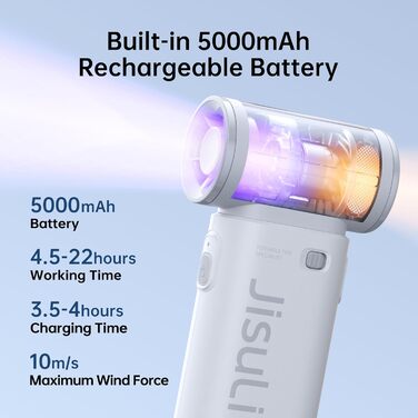 Години максимум, 5000 mAh Handheld Fan Battery Chargeable with 5 Speeds, for Men and Women Travel Camping Outdoor Grey, 22