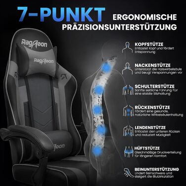 Ігрове крісло - Ергономічне ігрове крісло з підставкою для ніг, підголівником та поперековою опорою, регульоване по висоті, м&39яке, вантажопідйомність 150 кг, чорно-сіре