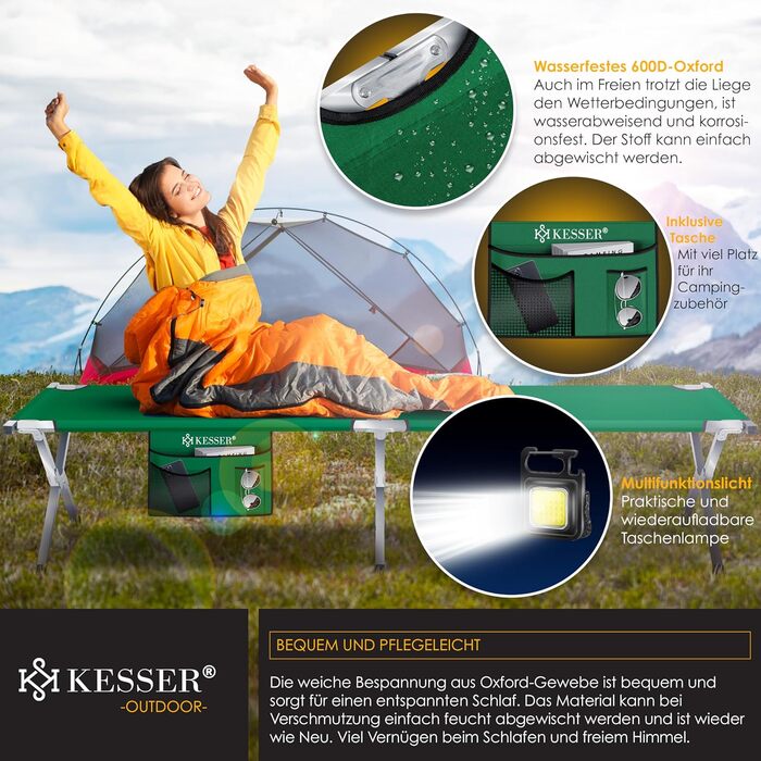 Кемпінгове ліжко KESSER, розкладне ліжко, включаючи сумку для перенесення, туристичний ліхтарик та бічну кишеню, розміром 190 см або 210 см. Міцне похідне ліжко, вантажопідйомність 150 кг, металева труба, тканина Оксфорд 600D, портативне, зручне дорожнє л