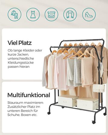 Вішалка для одягу на колесах, 2 шт. анги для одягу, Гардеробна штанга, Вішалка для одягу виготовлена з сталевих труб, Вантажопідйомність до 100 кг, Ширина 103,5 см, Багатофункціональне місце для зберігання, Чорний HSR107B01 Чорний 2 шт. анги