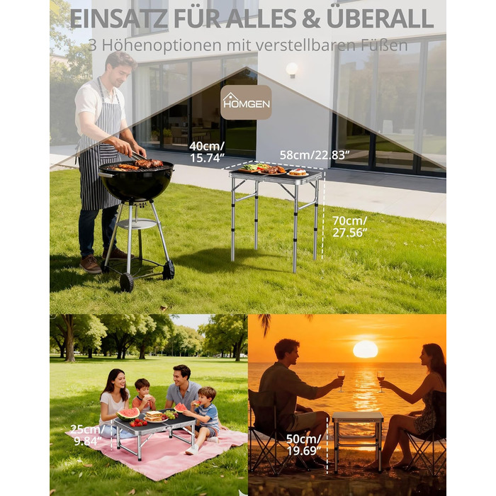 Складаний стіл для пікніка HOMGEN 58x40 см, регульована висота у 3 напрямках, розкладний стіл, стіл для пікніка, балкон, стіл для барбекю, садовий стіл, кемпінговий стіл, легкий та портативний для активного відпочинку, балкону, саду - чорний