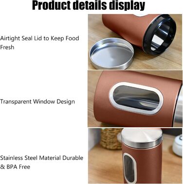 Набір кухонних банок з 3 предметів, харчові контейнери з нержавіючої сталі, органайзер з прозорим віконцем, кухонна стільниця, контейнери для зберігання кави, чаю, горіхів, борошна, цукру (коричневі)