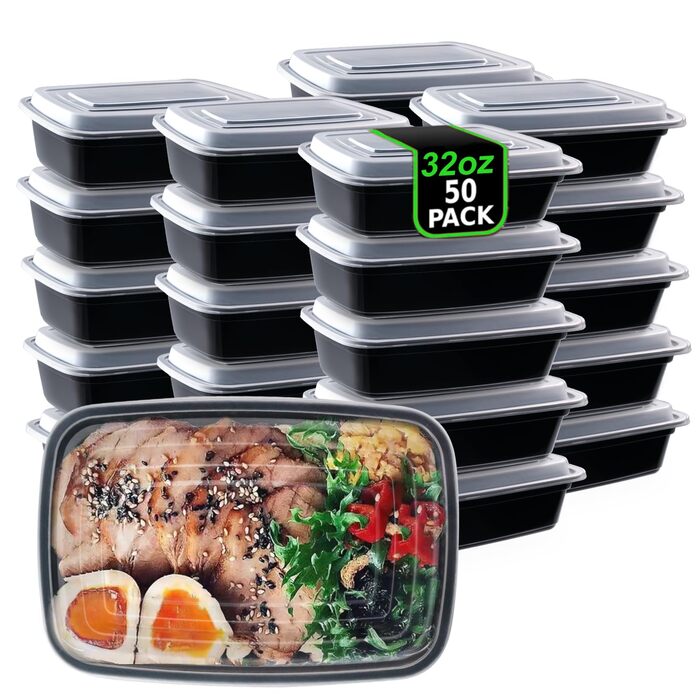 Контейнерів для приготування їжі, багаторазові, без бісфенолу А, з кришками, з міцного пластику, штабелюються, можна використовувати в мікрохвильовій печі, морозильній камері та мити в посудомийній машині (1000 мл/32 унції), 50