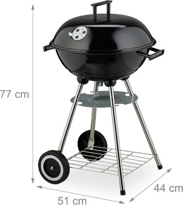 Вугільний гриль-куля, діаметр 44 см, решітка для грилю, гриль-куля з попільником, вугільний гриль на колесах, BBQ, чорний