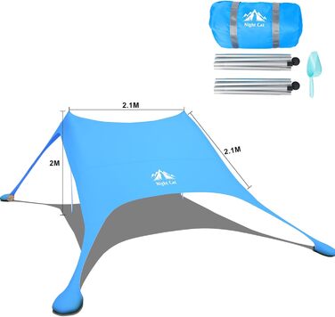 Пляжний намет Night Cat з лайкри, пляжний намет, сонцезахисний намет, захист від сонця, UPF 50 з мішком з піском, якорем для пляжного пікніка, риболовлі, кемпінгу, синього кольору, Pro 2,2,1 м