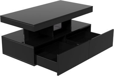 Глянцевий журнальний столик зі світлодіодним освітленням, сучасний журнальний столик для вітальні, чорний журнальний столик з відкритою полицею та 2 шухлядами, прямокутний журнальний столик для вітальні, 104x53x46 см