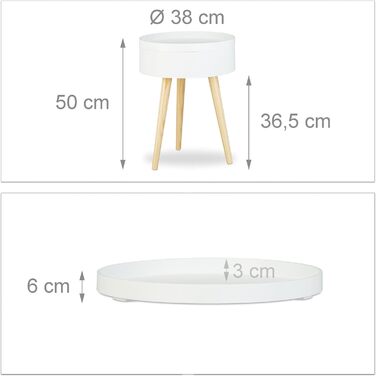 Круглий журнальний столик Relaxdays, скандинавський дизайн, стиль 70-х років, тумбочка біля ліжка з підносом та відділенням для зберігання, ВxШxГ 50x38x38 см, білий, одинарний