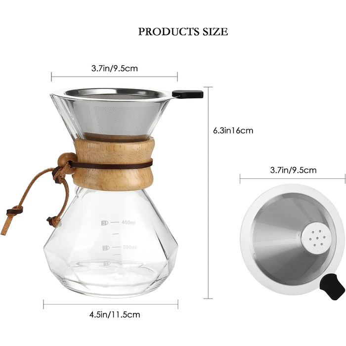 Кавоварка Lalord Pour Over з фільтром з нержавіючої сталі, кавник з боросилікатного скла, дерев'яна горловина, заварник з кавовим