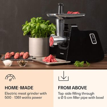 Електрична м'ясорубка Klarstein Mighty Mince - потужність від 500 до 1361 Вт, електрична м'ясорубка з насадками для ковбаси, кеббе